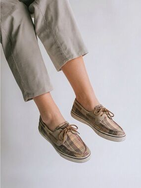 Sperry Plaid Canvas Boat Shoes - Brown/Tan/Green
